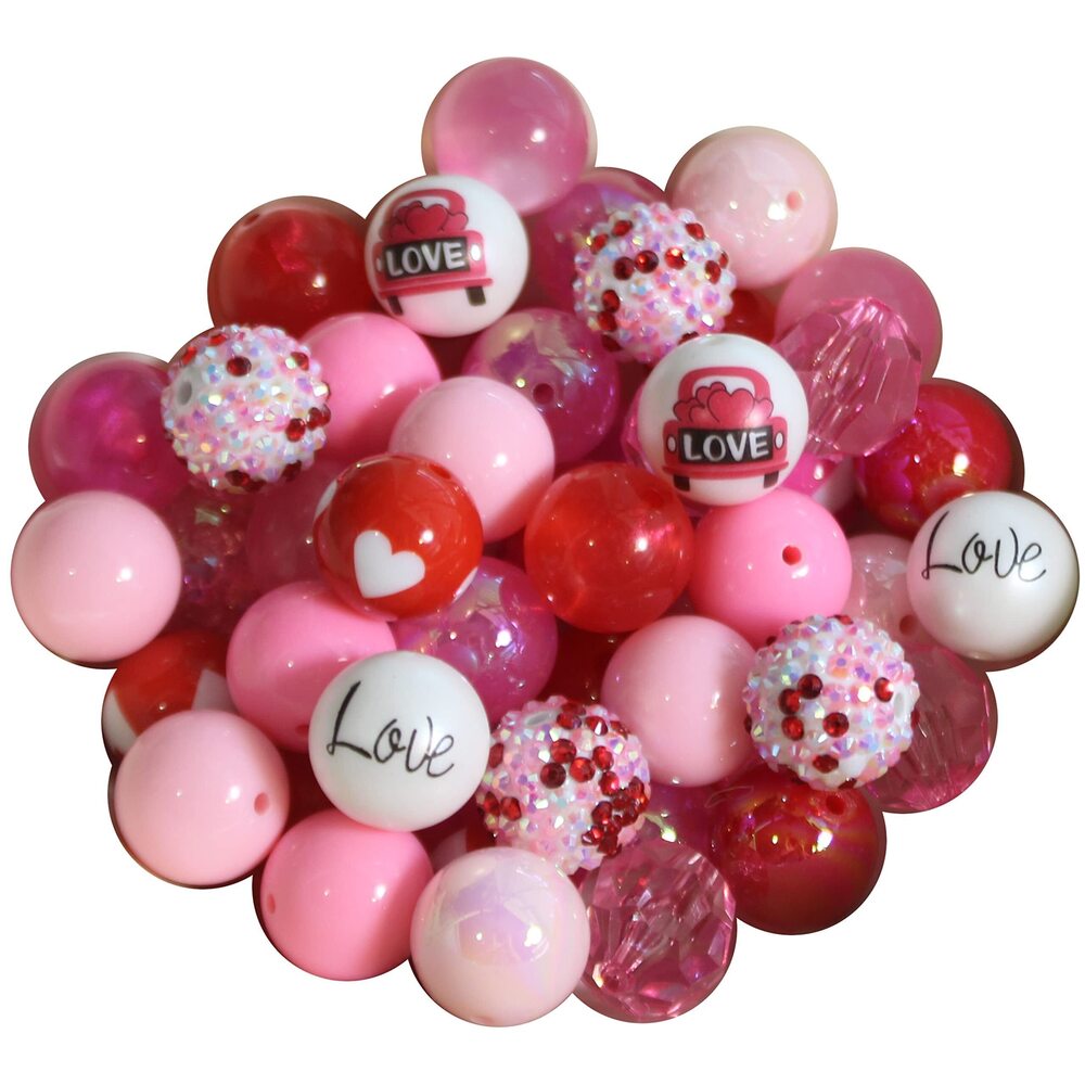 4313 20mm Bulk Mix of 56 Valentine Red, Pink, White Chunky Bubblegum Beads